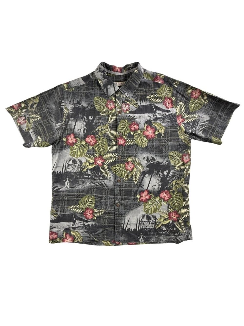 Tommy Bahama Shirt Mens Large Gray Silk Hawaiian Floral Short Sleeve Button Up